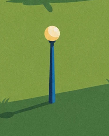 The blue lamp post with a yellow globe and its long shadow on the airfield grass