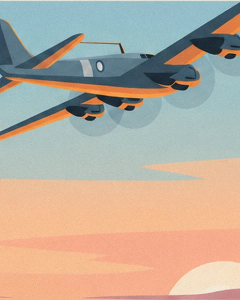 The grey and orange bomber, its engines and propellers in the pale blue sky