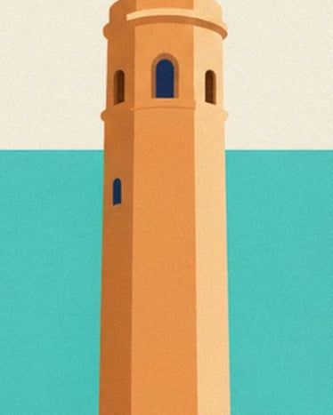 An ochre tower with narrow windows against the turquoise blue sea
