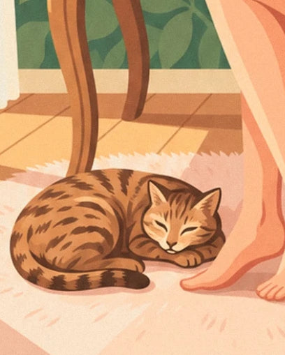 A tabby cat asleep on a pale rug beside the woman’s bare feet