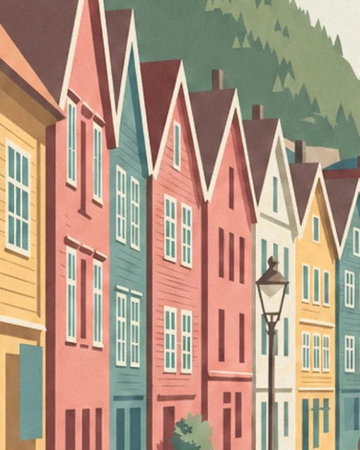 The colourful façades and pointed roofs of Bryggen with a street lamp on the quay