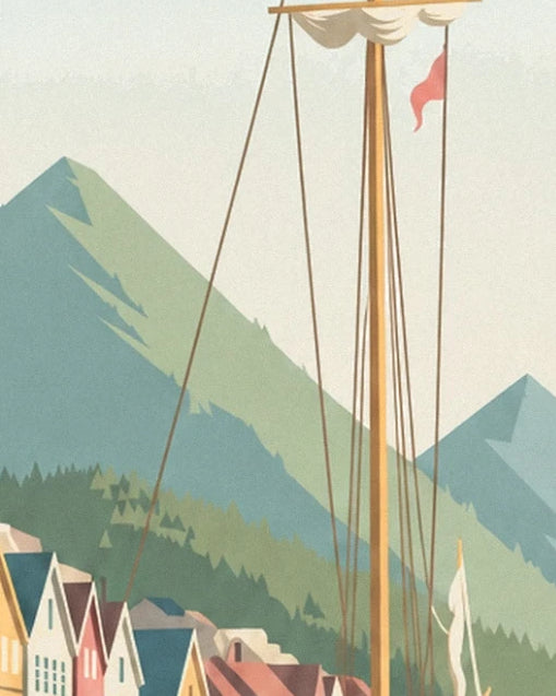 The tall golden mast and its red flag in front of the mountains of the Bergen fjord