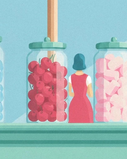 Une femme de dos en robe rouge entre 2 bocaux de bonbons rouges et roses