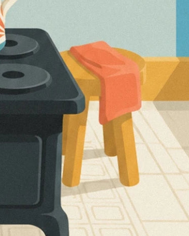 The coral tea towel on a yellow stool beside the black cooker