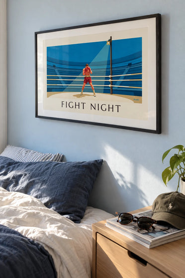 Affiche boxeur en position de combat sur le ring : encadrée au mur