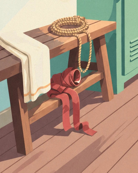 The skipping rope coiled on the wooden bench, with the white towel and red hand wraps