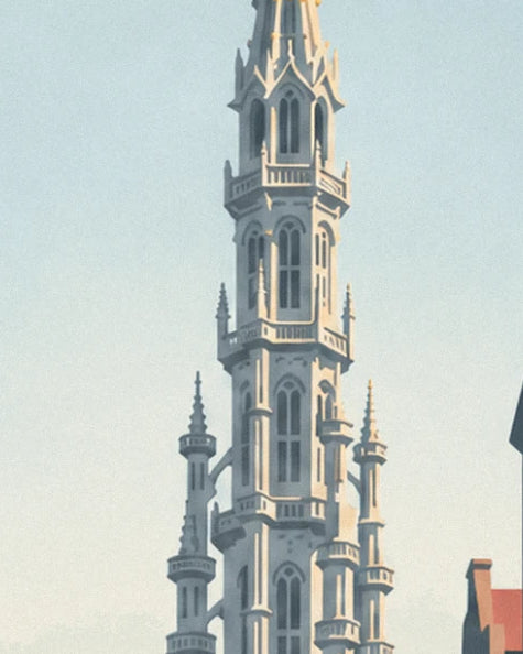 The Gothic town hall tower, its pale stone pinnacles against a pale blue sky