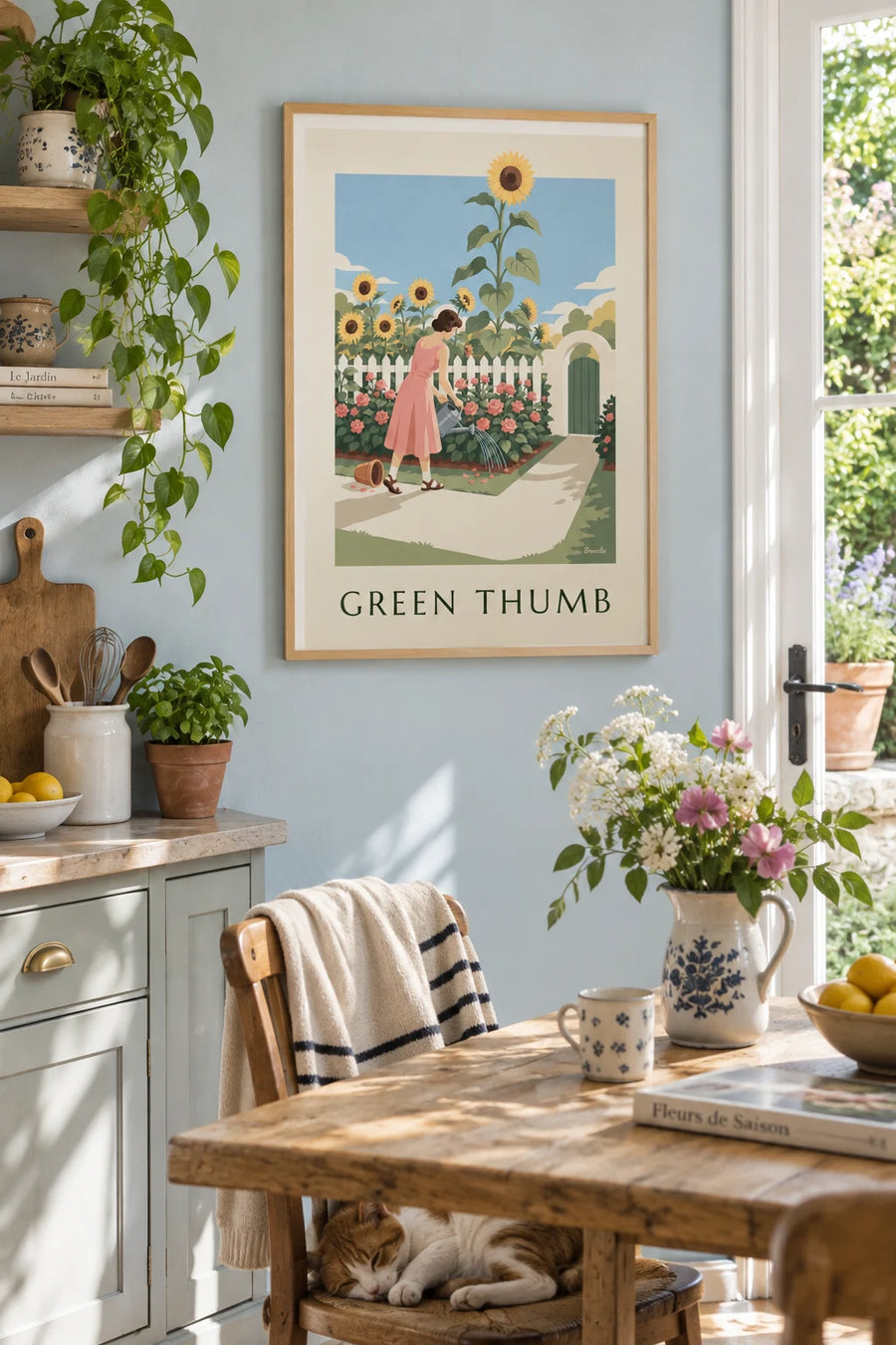 Affiche pin-up jardinant avec un arrosoir parmi les fleurs : encadrée au mur