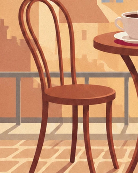 A wooden bistro chair beside a round table with a cup of coffee, on the terrace