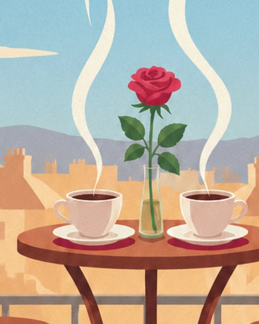 The 2 cups of steaming coffee and the red rose in a vase, on the balcony table