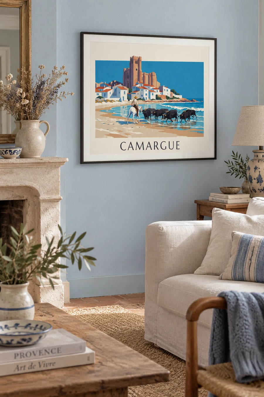 Poster of a gardian and black bulls on the Camargue beach: framed on a wall