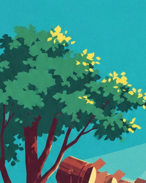 Le feuillage vert et jaune d’un arbre au-dessus des projecteurs du plateau