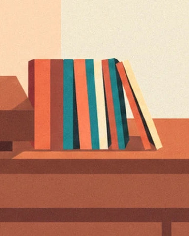 Record sleeves with orange, turquoise and cream spines on the cabinet