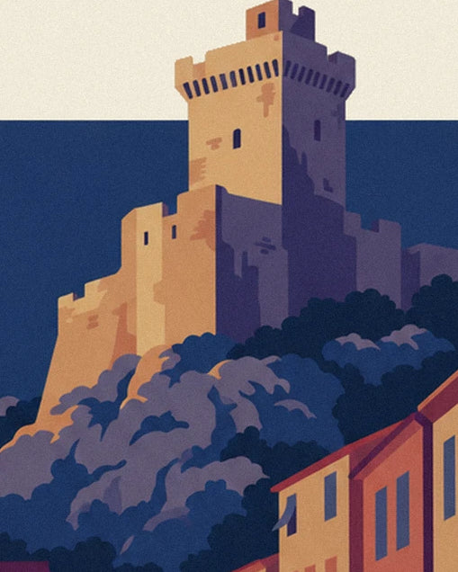 The château de Cassis with its ochre and purple walls above the rocks and trees
