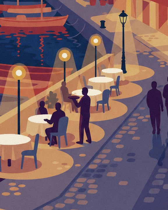 The round tables and figures on the terrace beneath the lights of the quay