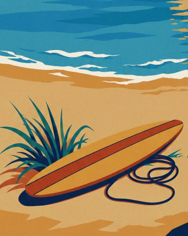 The orange surfboard resting on the sand, with its coiled leash and a tuft of green grass