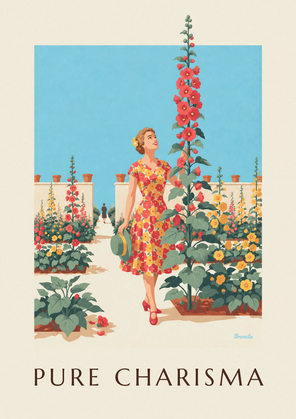 Affiche femme en robe à fleurs dans un jardin ensoleillé