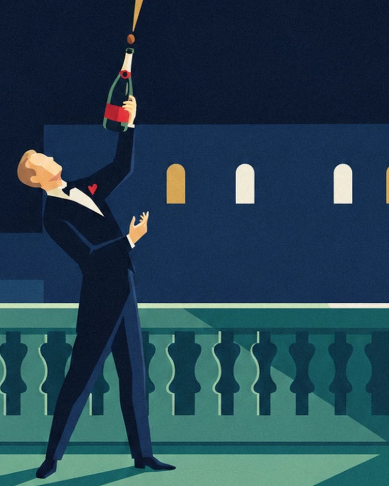 Man in a tuxedo opening a champagne bottle poster: close-up detail