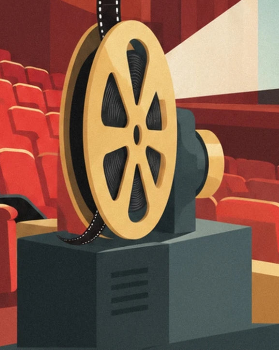 The golden reel and its black film on the projector in front of the red seats