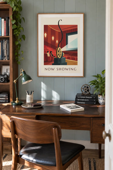 Affiche bobine de film et projecteur dans une salle de cinéma : encadrée au mur