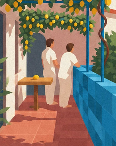 Les 2 personnages en blanc sous les citronniers, près de la balustrade bleue