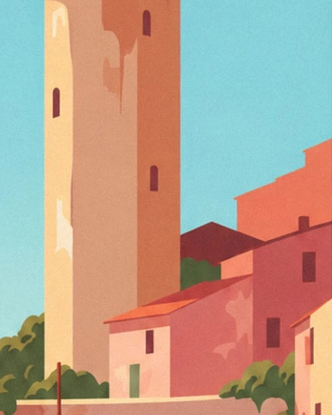 The tall ochre tower and houses with pink façades in Collioure
