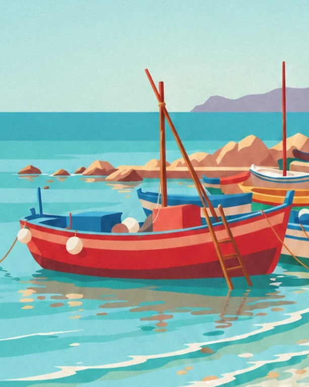 The red rowing boat and its wooden ladder in the turquoise water of Collioure