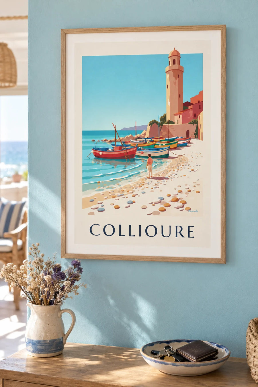 Poster of colorful Catalan boats on the beach at Collioure: framed on the wall