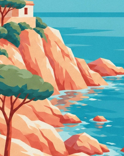 Les rochers orangés de la pointe et les pins au-dessus de la mer turquoise
