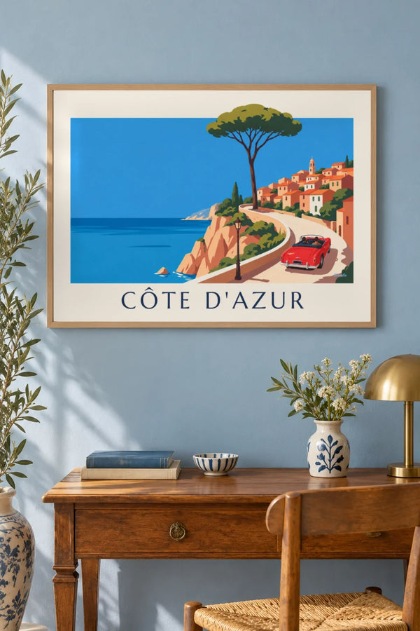 Plakat czerwony kabriolet na nadmorskiej drodze Lazurowego Wybrzeża
