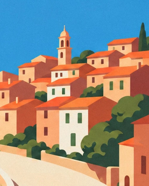 The pale façades with green shutters and the bell tower among the orange rooftops