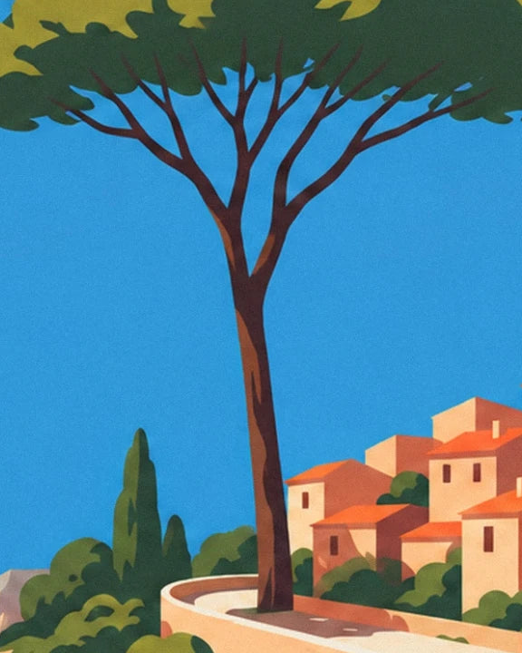 A tall umbrella pine in front of the houses with orange roofs on the Côte d’Azur