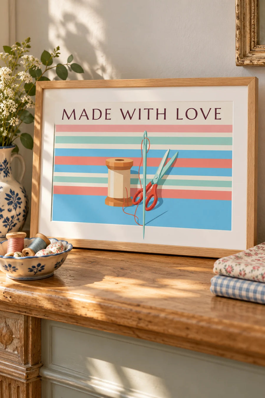 Handmade sewing poster with a spool of thread, scissors and a needle: small framed A4 size