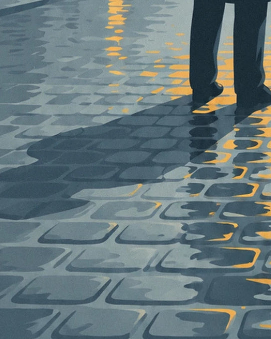 Les pieds d'un homme en costume sombre et son ombre étirée sur les pavés mouillés, reflets jaunes