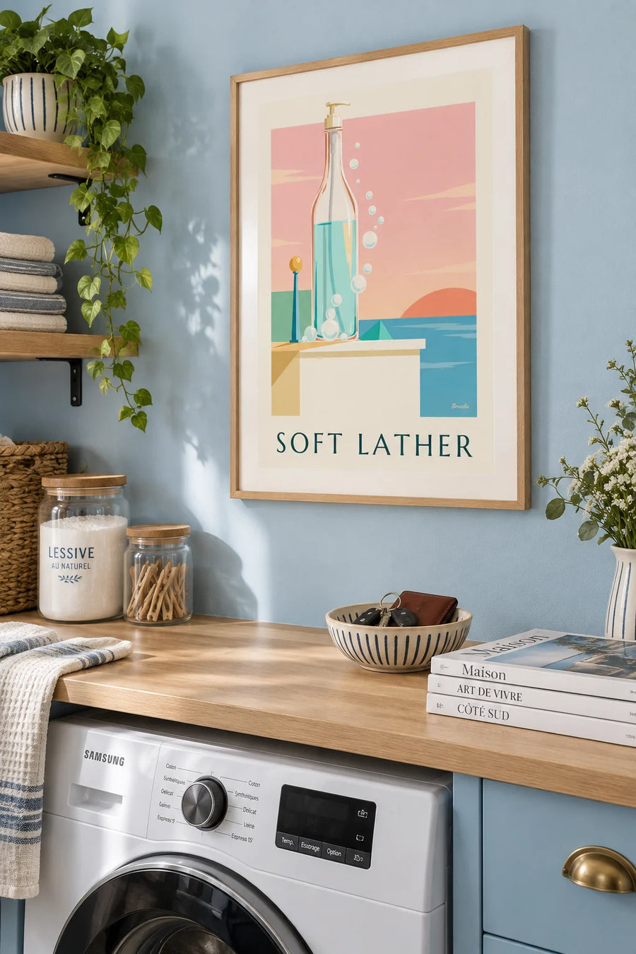 Affiche flacon de savon liquide et bulles de salle de bain : encadrée au mur