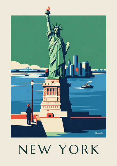 Plakat ze Statuą Wolności i panoramą Manhattanu w Nowym Jorku: cały plakat