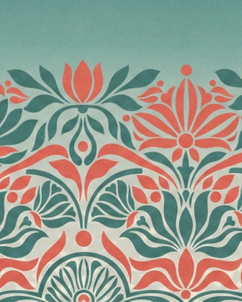 Coral-red flowers and teal foliage on a cream background
