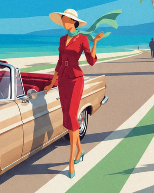 A woman in a red suit and pale hat near a convertible by the sea