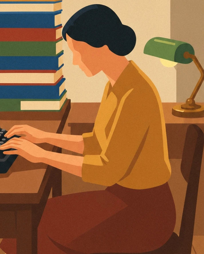 The writer in an ochre blouse at her typewriter, beside a green lamp