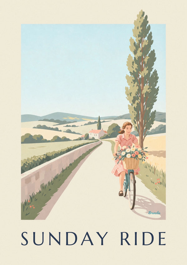 Woman in gingham dress cycling down a path poster