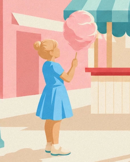Une jeune femme en robe bleue tenant une barbe à papa rose près du stand