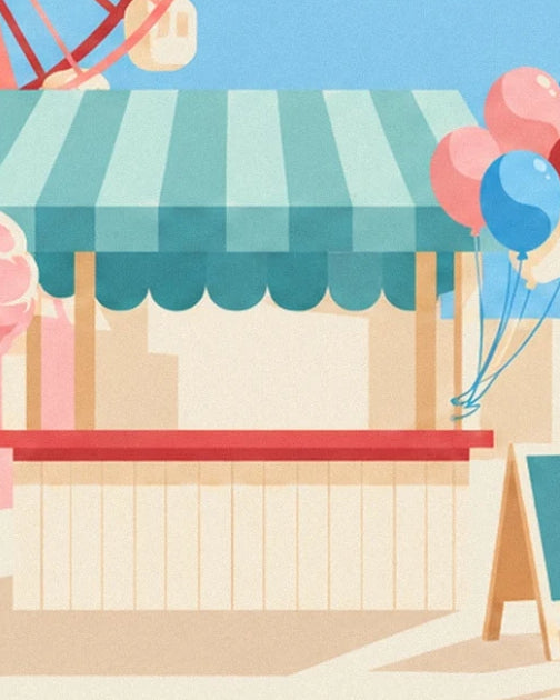 Le stand à l’auvent rayé turquoise, son comptoir rouge et ses ballons colorés