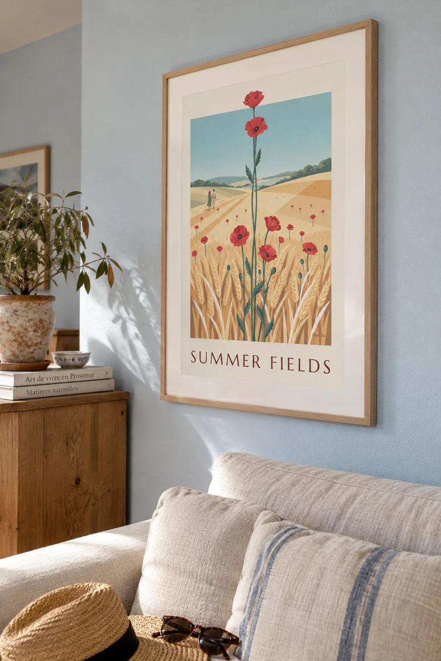 Red poppies in a wheat field poster: framed on the wall