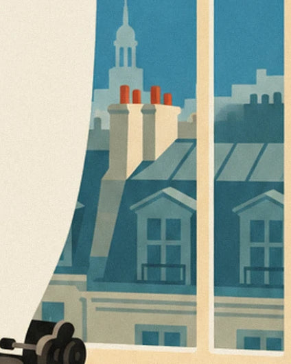The blue-toned roofs and their red chimneys beyond the window with its cream curtain
