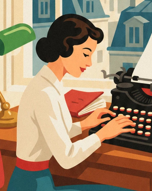 The secretary in a white blouse at her black typewriter, near a red notebook