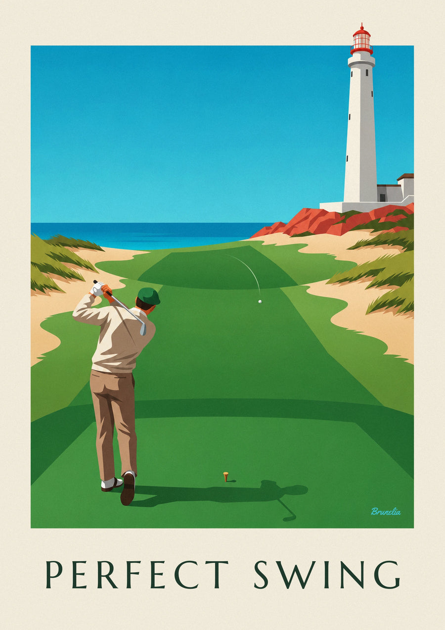 Plakat golfista w pełnym zamachu na polu links na krawędzi klifu