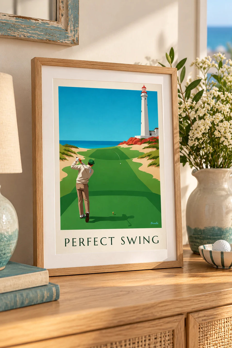 Affiche golfeur en plein swing sur un links en bord de falaise : petit format A4 encadré