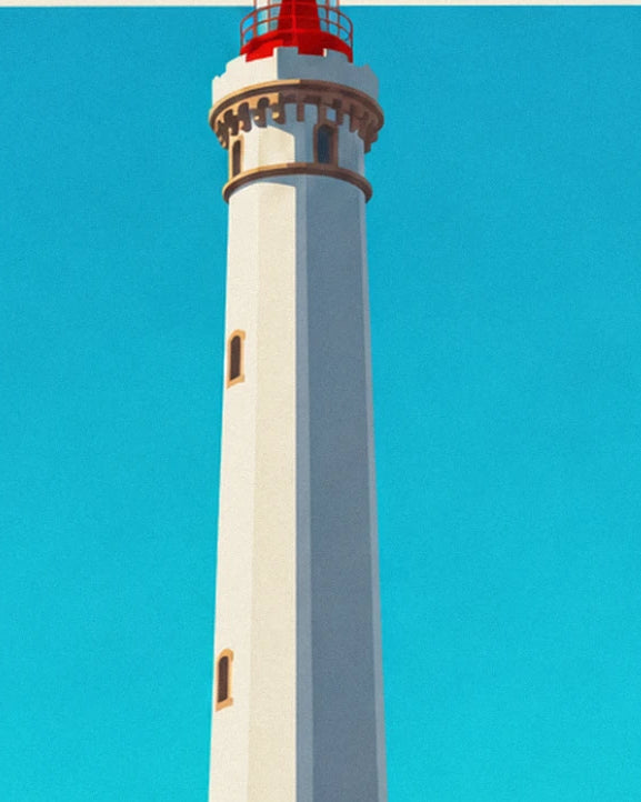 The white lighthouse and its red lantern rising into the turquoise-blue sky