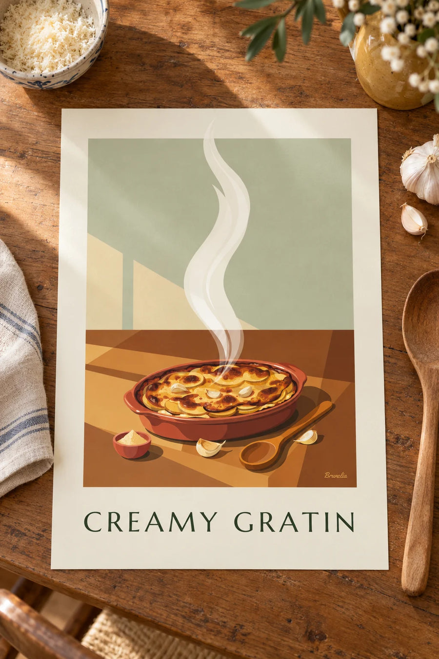 Affiche gratin dauphinois doré dans son plat en terre cuite : posée sur une table
