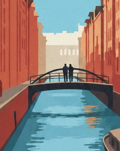 The 2 figures on an arched bridge between the red warehouses of Speicherstadt